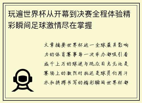 玩遍世界杯从开幕到决赛全程体验精彩瞬间足球激情尽在掌握