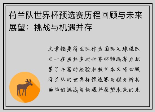 荷兰队世界杯预选赛历程回顾与未来展望：挑战与机遇并存