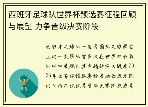 西班牙足球队世界杯预选赛征程回顾与展望 力争晋级决赛阶段